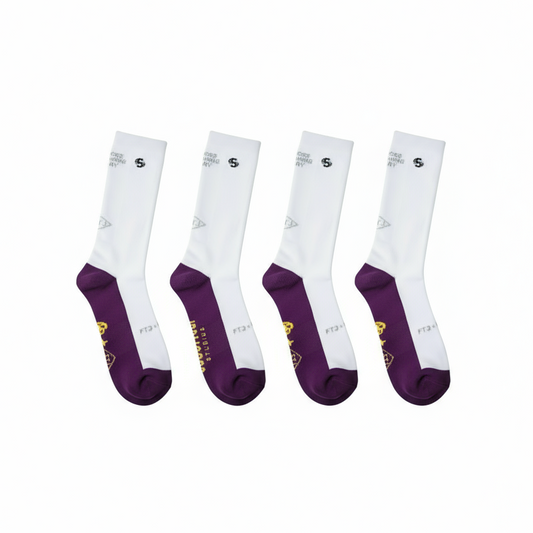 Four pairs of white socks with purple toes and heels on a white background running socks