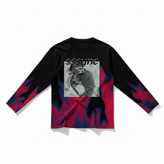 Black long-sleeve shirt with red and blue flame design on sleeves and graphic on chest against a white background running jersey