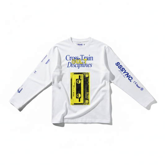 White long-sleeve shirt with graphic design on a white background running jersey