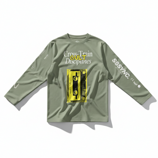 Green long-sleeve shirt with a yellow cassette tape graphic and text on a white background running jersey