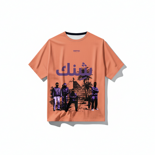 Orange t-shirt with graphic design and text on a white background  running jersey