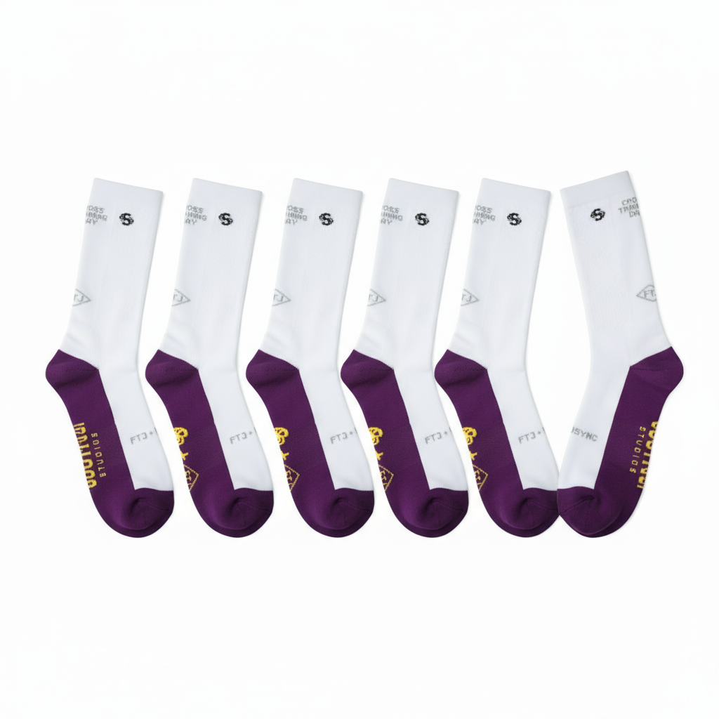 White socks with purple toes and heels on a white background running socks