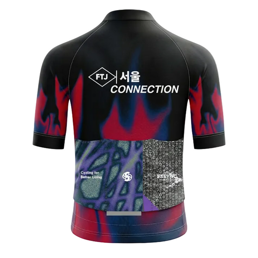 Black cycling jersey with colorful designs and text on a white background
