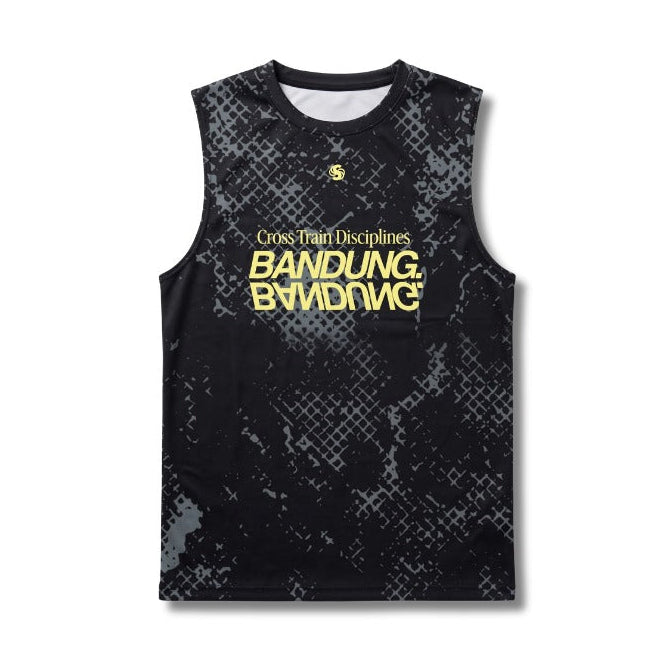 A sleeveless black athletic tank top with a gray distressed pattern and bold yellow text reading 'Cross-Train Disciplines BANDUNG BANDUNGA' on the front, shown against a plain white background.