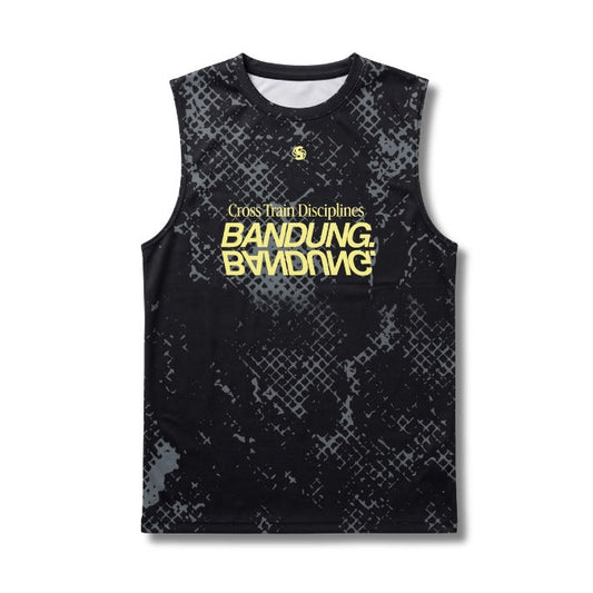 A sleeveless black athletic tank top with a gray distressed pattern and bold yellow text reading 'Cross-Train Disciplines BANDUNG BANDUNGA' on the front, shown against a plain white background.