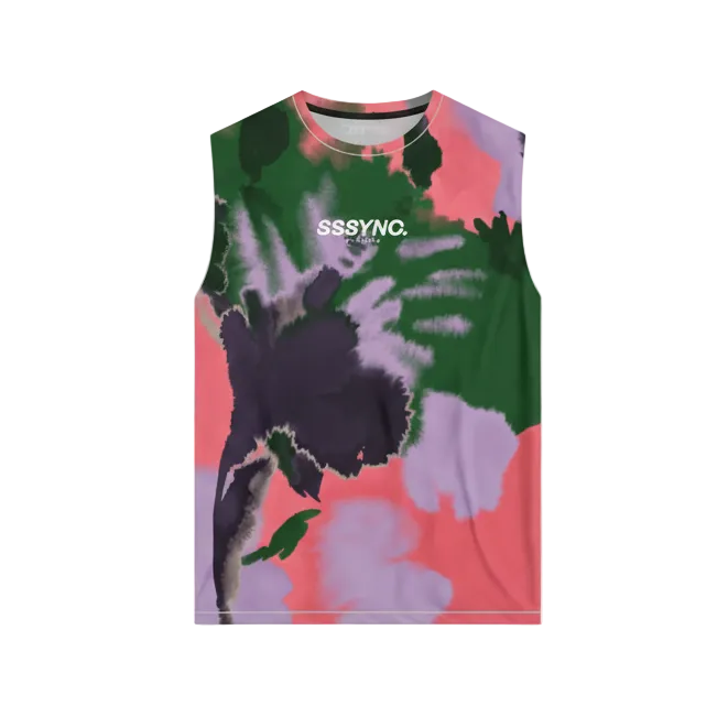 Colorful tank top with abstract design and 'SSSYNCP' branding on a light gray background