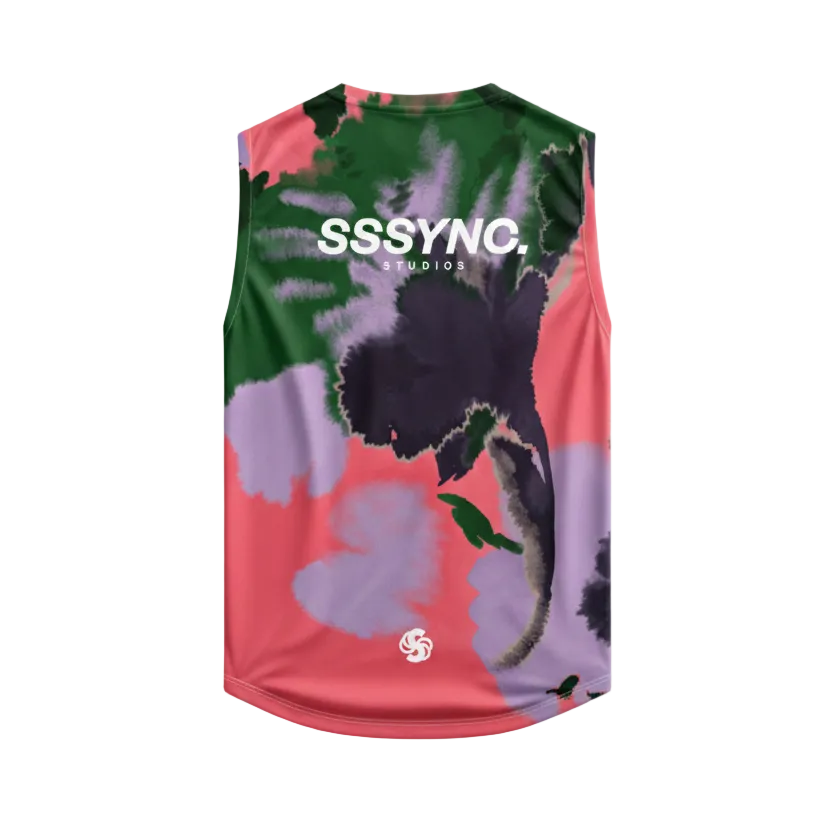 Colorful sleeveless shirt with floral design and 'SSSYNC' branding on a gray background