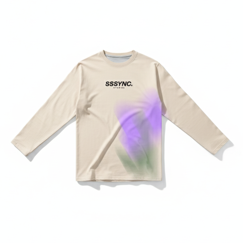 Beige long-sleeve shirt with a purple floral design and 'SSSYNC' branding on a white background running jesey