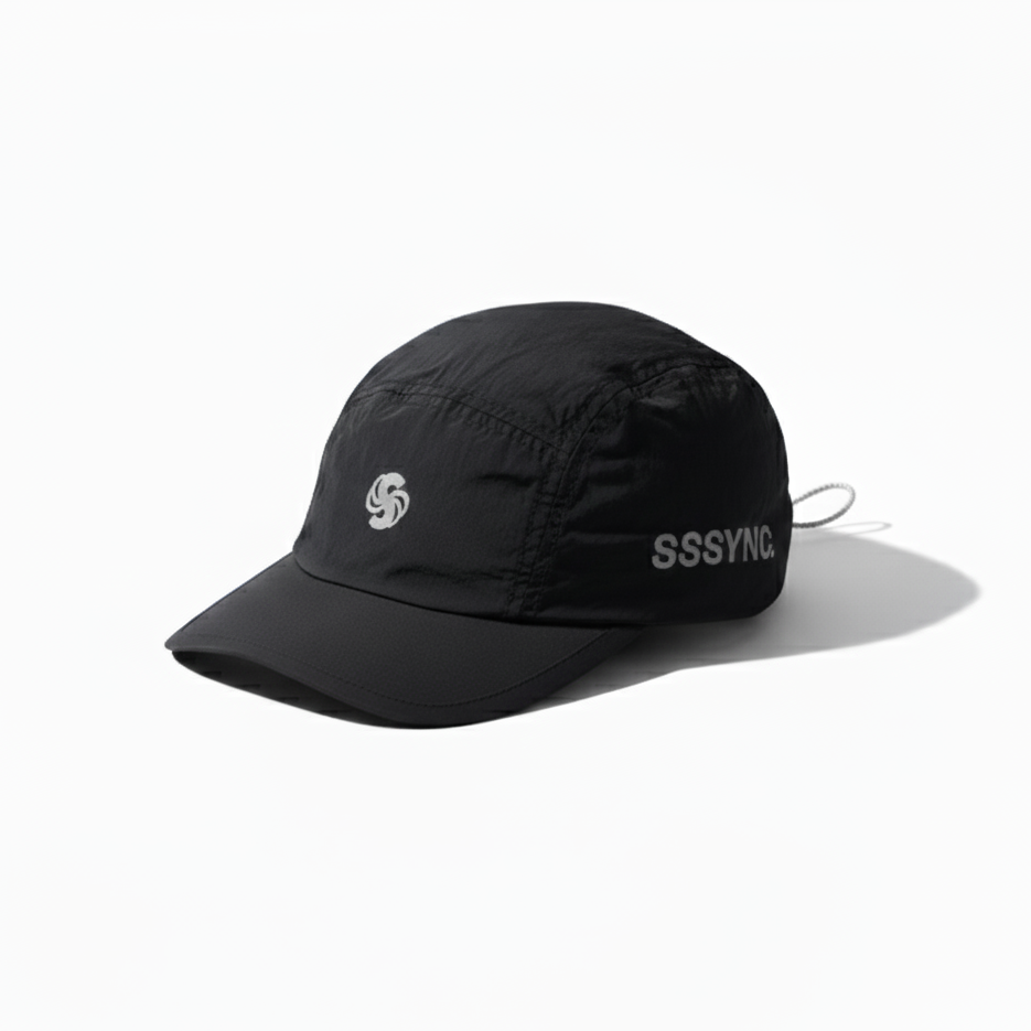 Black cap with brand logo on a white background running cap