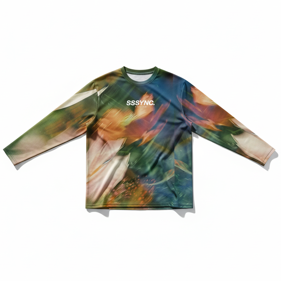 Colorful long-sleeve shirt with abstract design and 'SSSYNC' branding on a white background