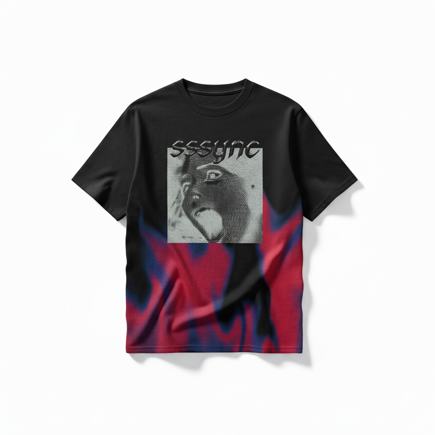 Black t-shirt with graphic design and text on a white background running jersey