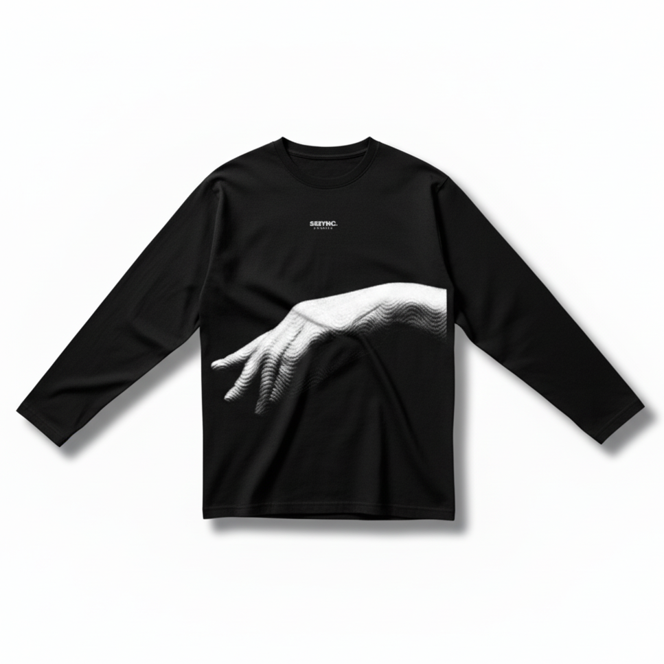 Black long-sleeve shirt with a graphic of a hand and text on a white background running jersey