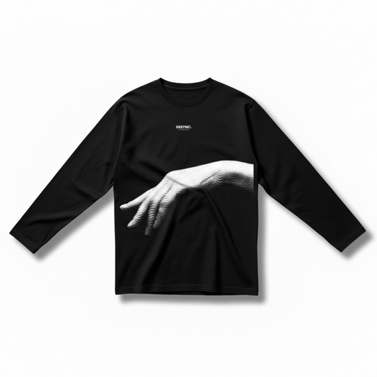 Black long-sleeve shirt with a graphic of a hand and text on a white background running jersey