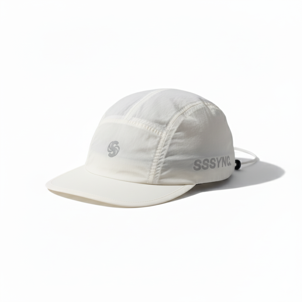 White cap with 'SSSYNC' logo on a white background running cap