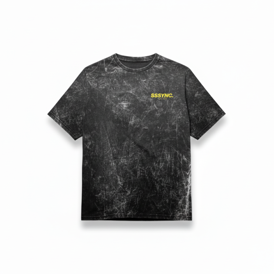 Black tie-dye t-shirt with yellow logo on a white background running jersey