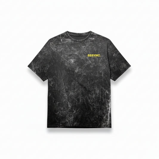 Black tie-dye t-shirt with yellow logo on a white background running jersey