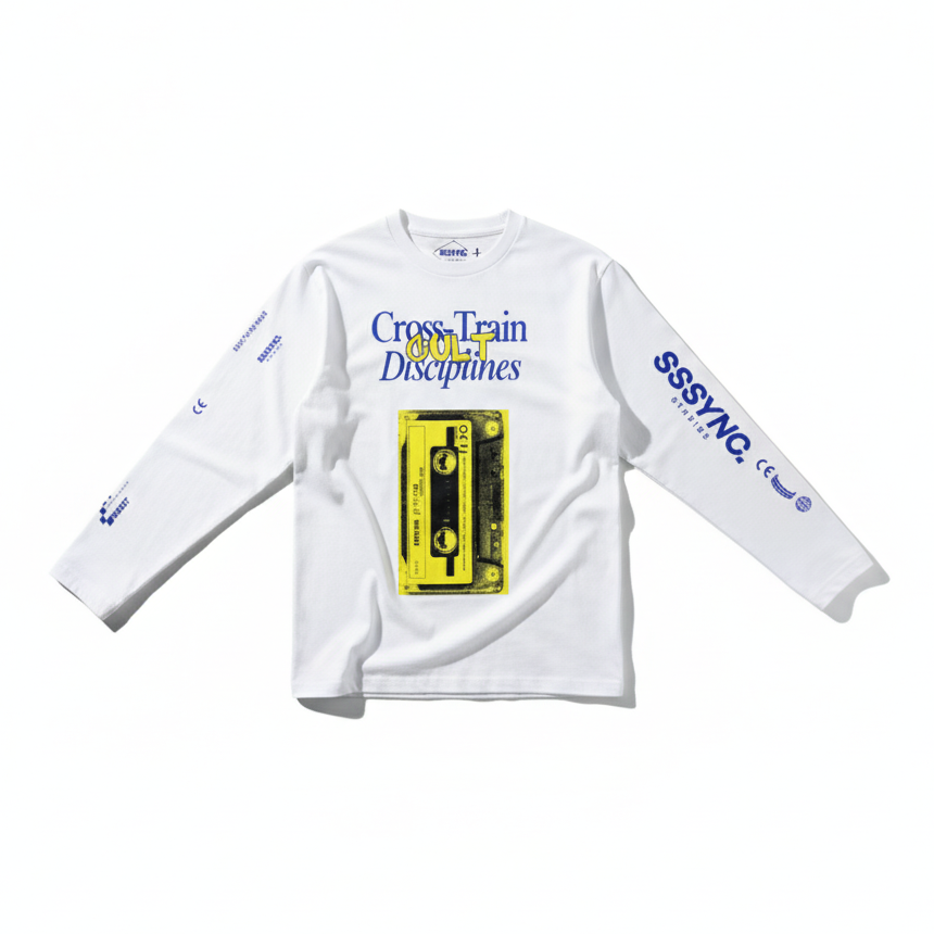 White long-sleeve shirt with graphic design on a white background running jersey