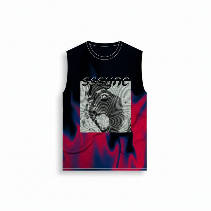 Black sleeveless shirt with graphic design and text on a white background running jersey