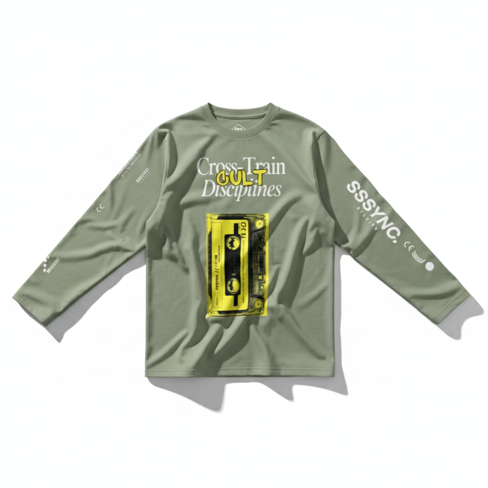 Green long-sleeve shirt with a yellow cassette tape graphic and text on a white background running jersey