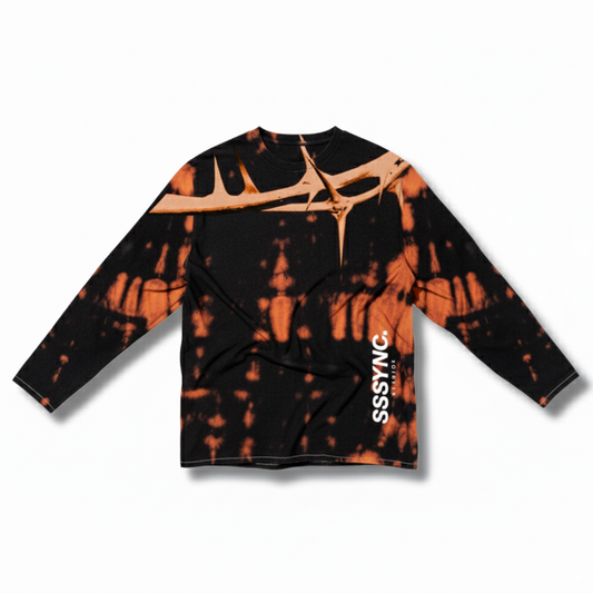 Black and orange tie-dye long-sleeve shirt with 'SSSYNC' branding on a white background running jersey