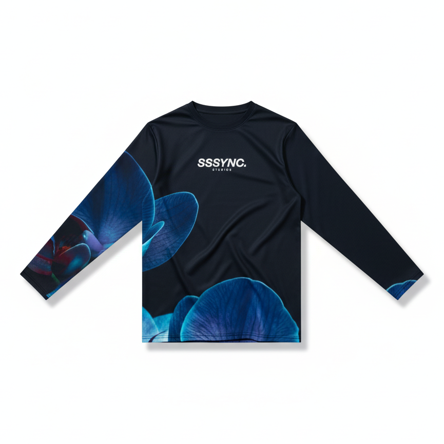 Black long-sleeve shirt with blue floral design on a white background