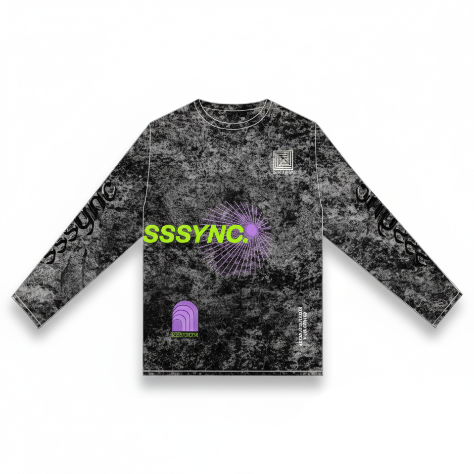 Long-sleeve shirt with 'SSSYNC' branding on a white background running jersey
