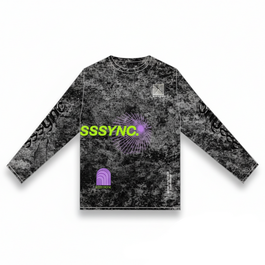 Long-sleeve shirt with 'SSSYNC' branding on a white background running jersey