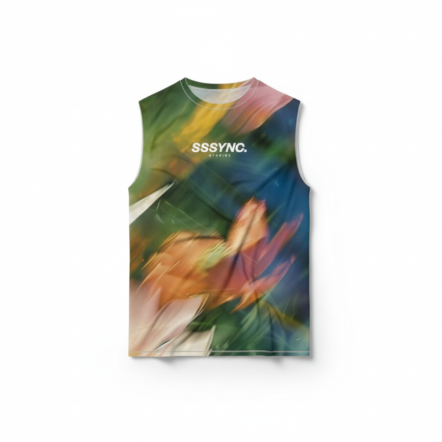 Colorful sleeveless shirt with abstract design and 'SSSYNC' branding on a white background running jersey
