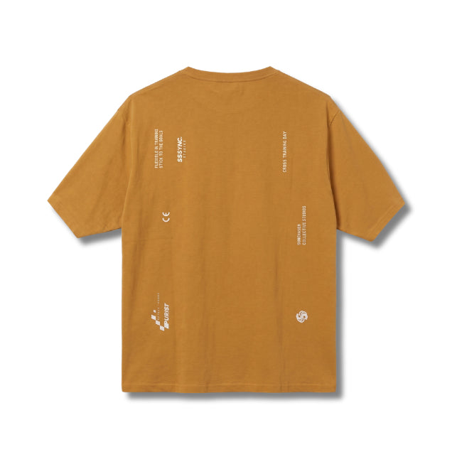 A mustard yellow short-sleeve t-shirt shown from the back, featuring white printed text and graphics along the back and sides, displayed on a clean white background.