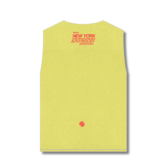 A sleeveless lime green tank top with red 'New York Express' text printed on the chest and a small red circular logo near the bottom, shown flat against a white background.
