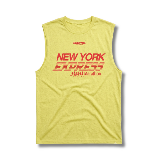 A light yellow heathered sleeveless muscle tank top with a red graphic print reading 'NEW YORK EXPRESS' and 'New York Marathon' on the front, displayed flat against a white background.