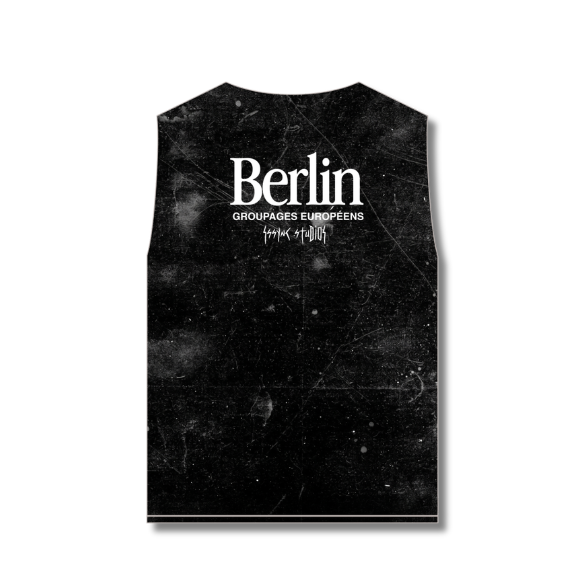 A rectangular black sleeveless patch with a distressed grunge texture, featuring the word 'Berlin' in white serif font with smaller text underneath, shown on a plain white background.