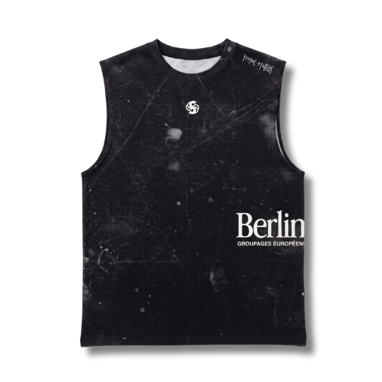A sleeveless black tank top with a distressed, grunge-style texture, featuring the word 'Berlin' in white text on the front and a small circular logo on the chest.