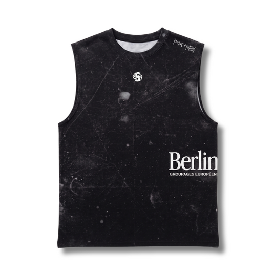 A sleeveless black tank top with a distressed, grunge-style texture, featuring the word 'Berlin' in white text on the front and a small circular logo on the chest.