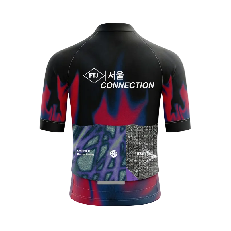 Black cycling jersey with colorful designs and text on a white background