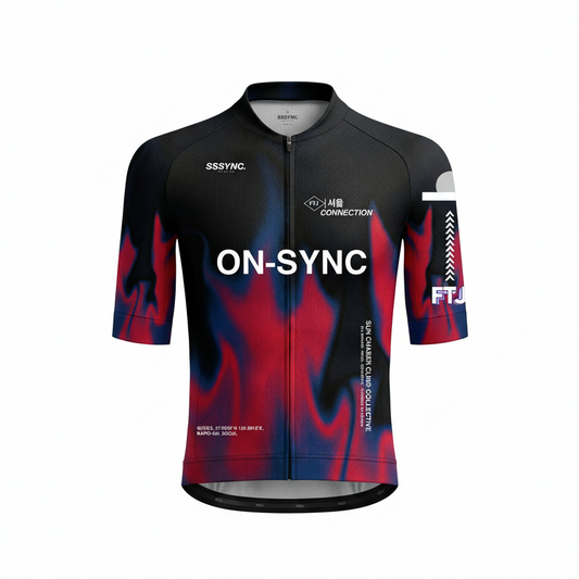 Black cycling jersey with red and blue flames and 'ON-SYNC' branding on a white background