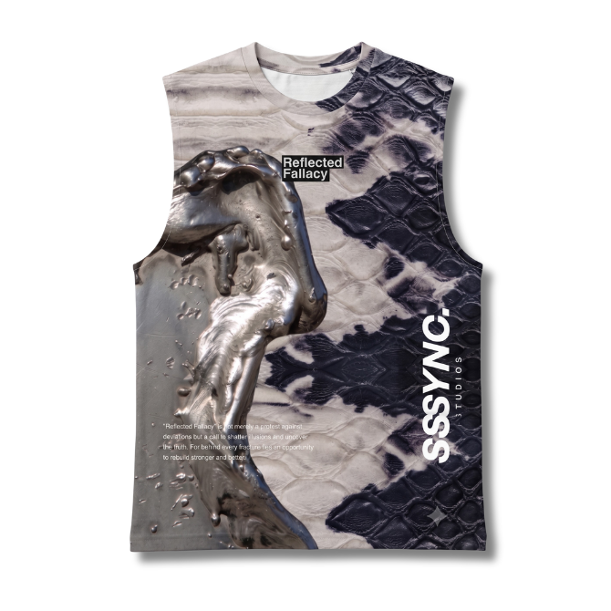 A sleeveless tank top featuring a split design: one side shows a metallic silver horse sculpture over a gray and white textured background, while the other side displays a black and gray snakeskin pattern. The text 'SSYNC.