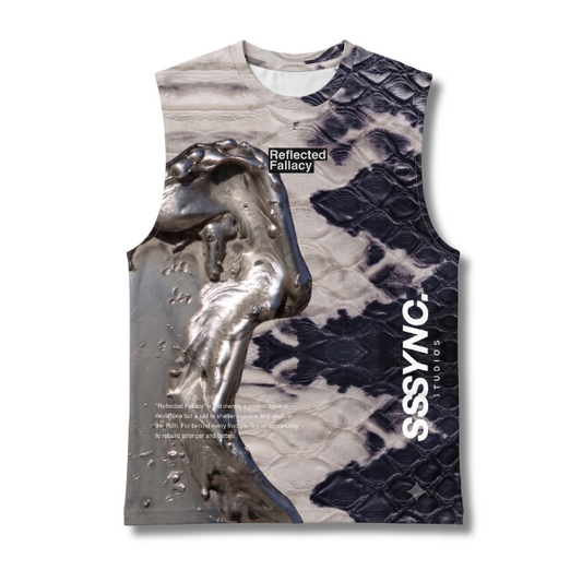 A sleeveless tank top featuring a split design: one side shows a metallic silver horse sculpture over a gray and white textured background, while the other side displays a black and gray snakeskin pattern. The text 'SSYNC.