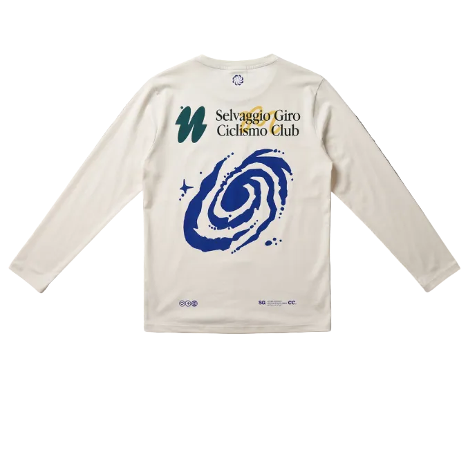 An off-white long-sleeve t-shirt with cycling graphics on the back, laid flat on a textured gray background. The back features the text 'Selvaggio Giro Ciclismo Club' in green and black, a yellow 'Giro' script, and a large blue spiral graphic.