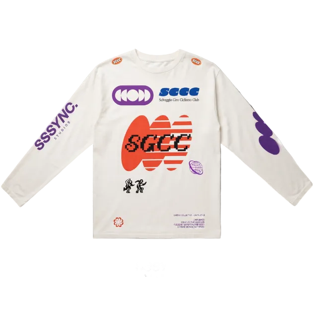 A long-sleeve white graphic sweatshirt featuring 'SSYNC' and 'SGCC' branding in purple, orange, and blue, displayed flat on a textured gray background.